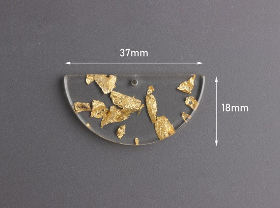 2 Clear Acrylic Charms with Gold Foil Leaf Flakes, Glass Lucite Jewelry Earring Parts, Transparent Resin Half Circle Finding, CN210-37-CGF