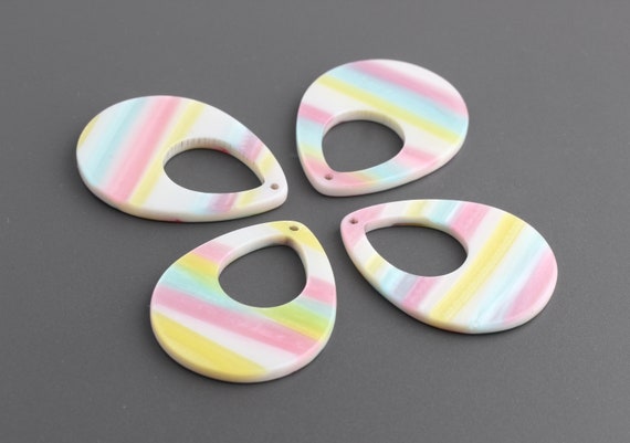4 White Teardrop Charms with Rainbow Stripes, Pastel Goth Jewelry Findings, Pastel Earring Supplies, Open Teardrop Blank TD026-38-PSTL