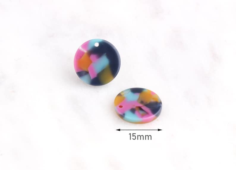 4 Small Round Discs 15mm CN039-15-UPY Geometric Charms Acrylic Earring Blanks Light Blue Yellow Pink Multicolor Tortoise Shell Beads