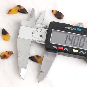 May include: A close-up of a digital caliper measuring a small, brown and tan, teardrop-shaped object. The caliper reads 14.00 mm.