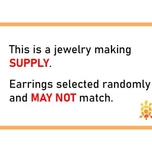 Op de afbeelding: Een tekstvak met een oranje rand, met de tekst "This is a jewelry making SUPPLY. Earrings selected randomly and MAY NOT match." Een klein oranje en geel schildpadpictogram bevindt zich in de rechterbenedenhoek van het vak.