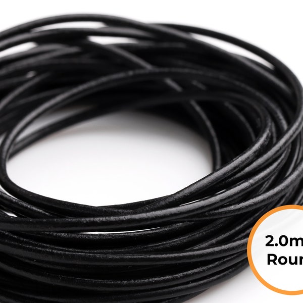 2mm Black Leather Cord, Round, Sold by the Yard (3 Foot), Flexible and Supple, Wrap Bracelet Cording, Thin Leather Lacing, DIY Supply, LC001