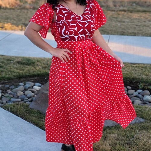 Polka shops dot dress with Handembroidered otomi art ||Otomi dress|| Mexican Wedding dress||Fiesta dress|| Red polka dot dress