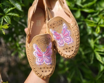 Pastel Butterfly Embroidered Huarache Sandals - Mexican Leather Shoes