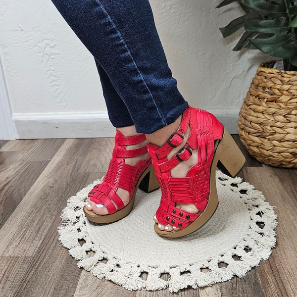 Emily Mexican block heel//High heel huarache//Mexican huarache//Mexican heels//Huarache mexicano//Mexican sandal//rRed high heels