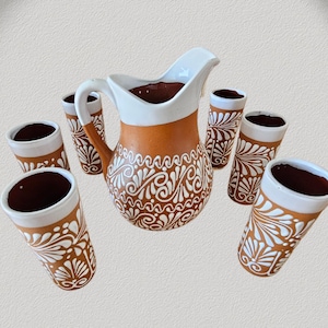 Mexican pitcher,||set of pitchers, and cups||cielito lindo pitcher||jarra con vasos||handmade pitcher set