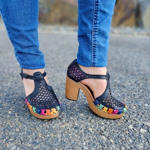 Black Leather Huarache Wedges: Guadalajara Mexican Heel Sandals