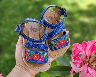 Sandalias Huaraches Azules Bordadas: Zapatos para Bebés y Niñas Pequeñas