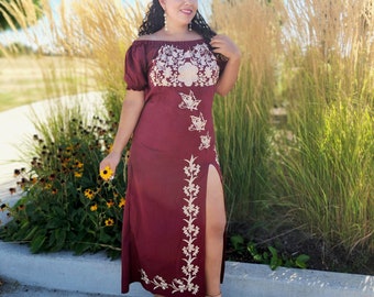 Vestido mexicano bordado: vestido largo de gala, vestido de fiesta.