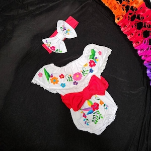 Embroidered Mexican Baby Bodysuit: Fiesta Outfit with Bow & Belt