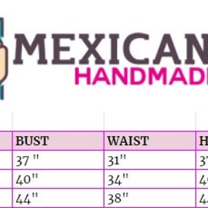 May include: Size chart for clothing with measurements in inches. The chart shows bust, waist, and hip measurements for small, medium, and large sizes.