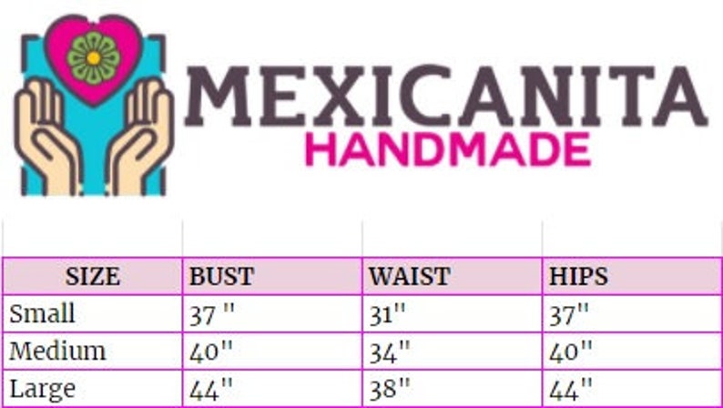 May include: Size chart for clothing with measurements in inches. The chart shows bust, waist, and hip measurements for small, medium, and large sizes.