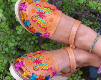 Embroidered Leather Huarache Sandals: Mexican Closed Toe Shoes, final sale