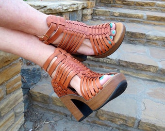 EMERITA TAN||Ankle strap heels||Mexican wedges||High heel huarache||Mexican huarache||Mexican wedge sandal||Huarache mexicano para mujer||