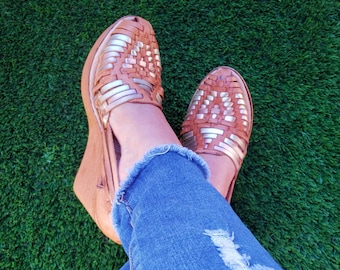 Handmade Leather Huarache Wedge Sandal - Mexican Style Heels