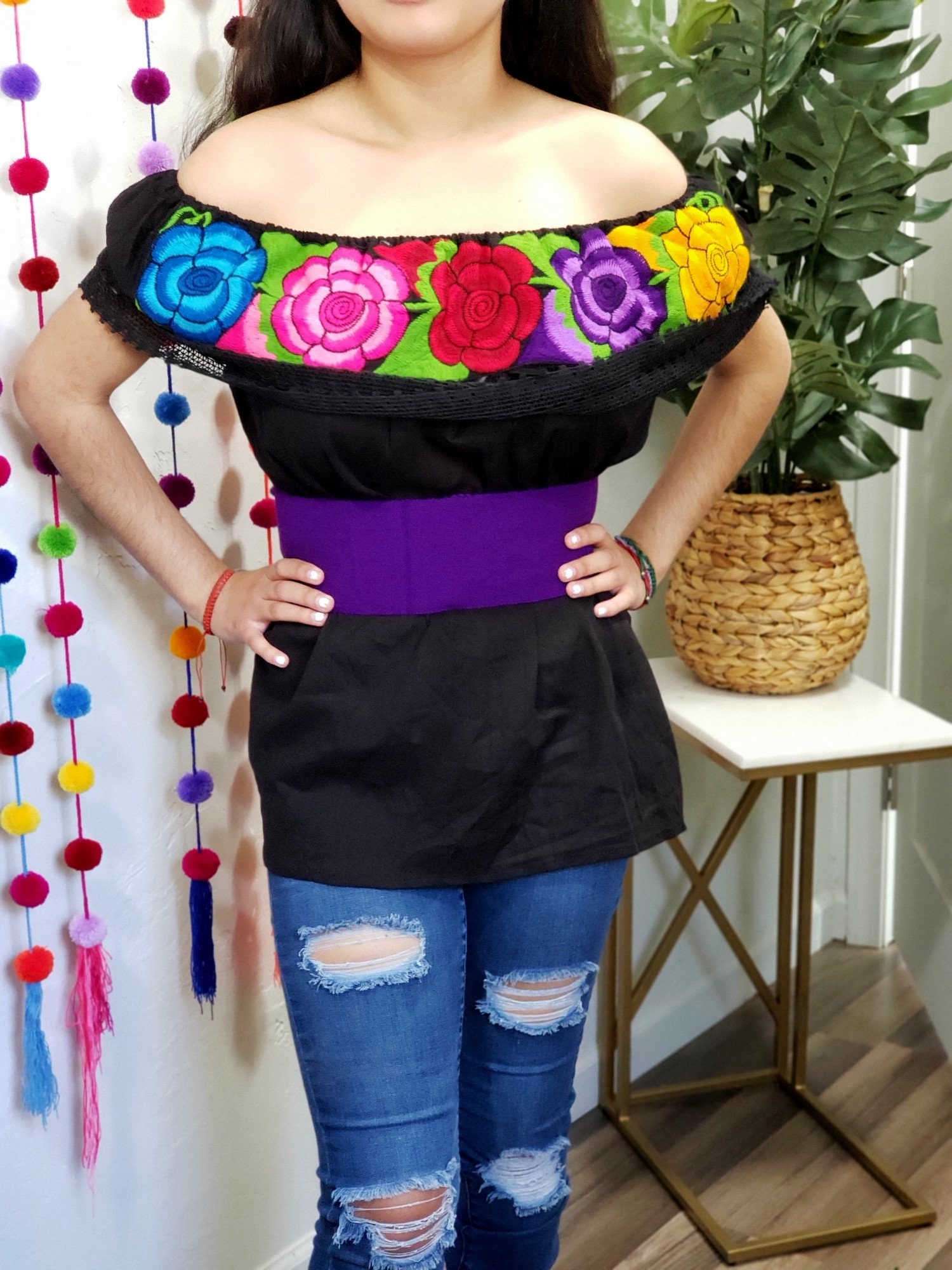 Embroidered Mexican off Shoulder Blouse: Floral Black Top - Etsy