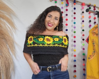 Sunflower off shoulder top|| Mexican top|| Mexica blouse for women ||Black top|| Off shoulder mexican top|| Elastic top