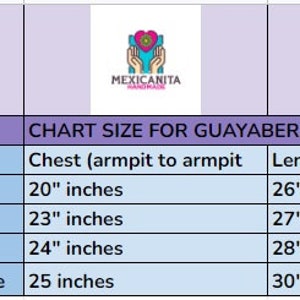 May include: A chart showing the size guide for a Guayabera shirt. The chart lists the size, chest measurement in inches from armpit to armpit, and length in inches.