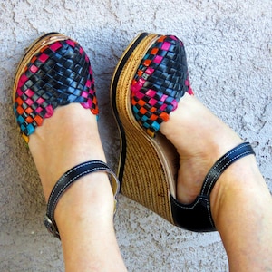 Handmade Leather Huarache Wedge Sandal: Mexican Woven Design