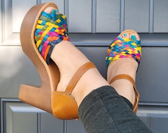 Mexican Leather Wedge Huarache Sandal - 4&quot; Heel