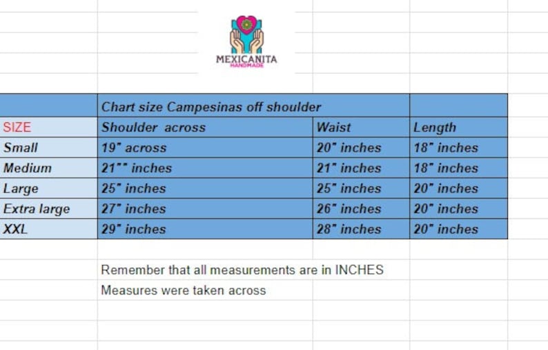 Puede incluir: Tabla de tallas para tops Campesinas de hombros descubiertos en pulgadas. La tabla incluye las medidas de talla, ancho de hombros, cintura y longitud.