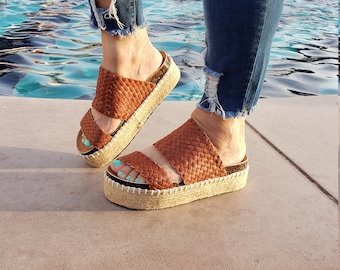 Eva Mexican Huarache-sandalen: leren plateausandalen, laatste verkoop