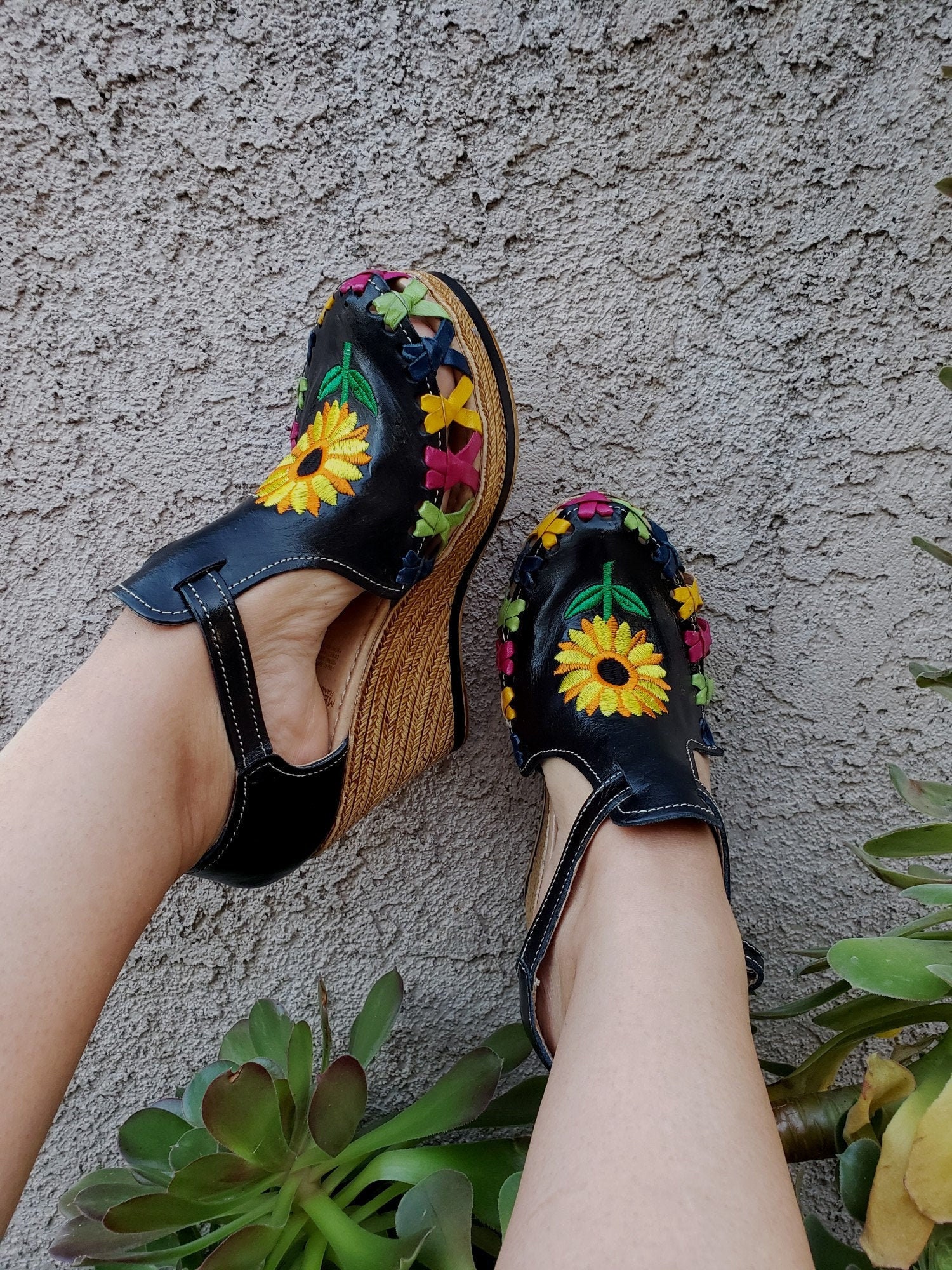 Black Sunflower/mexican Wedges//high Heel Huarache//mexican - Etsy