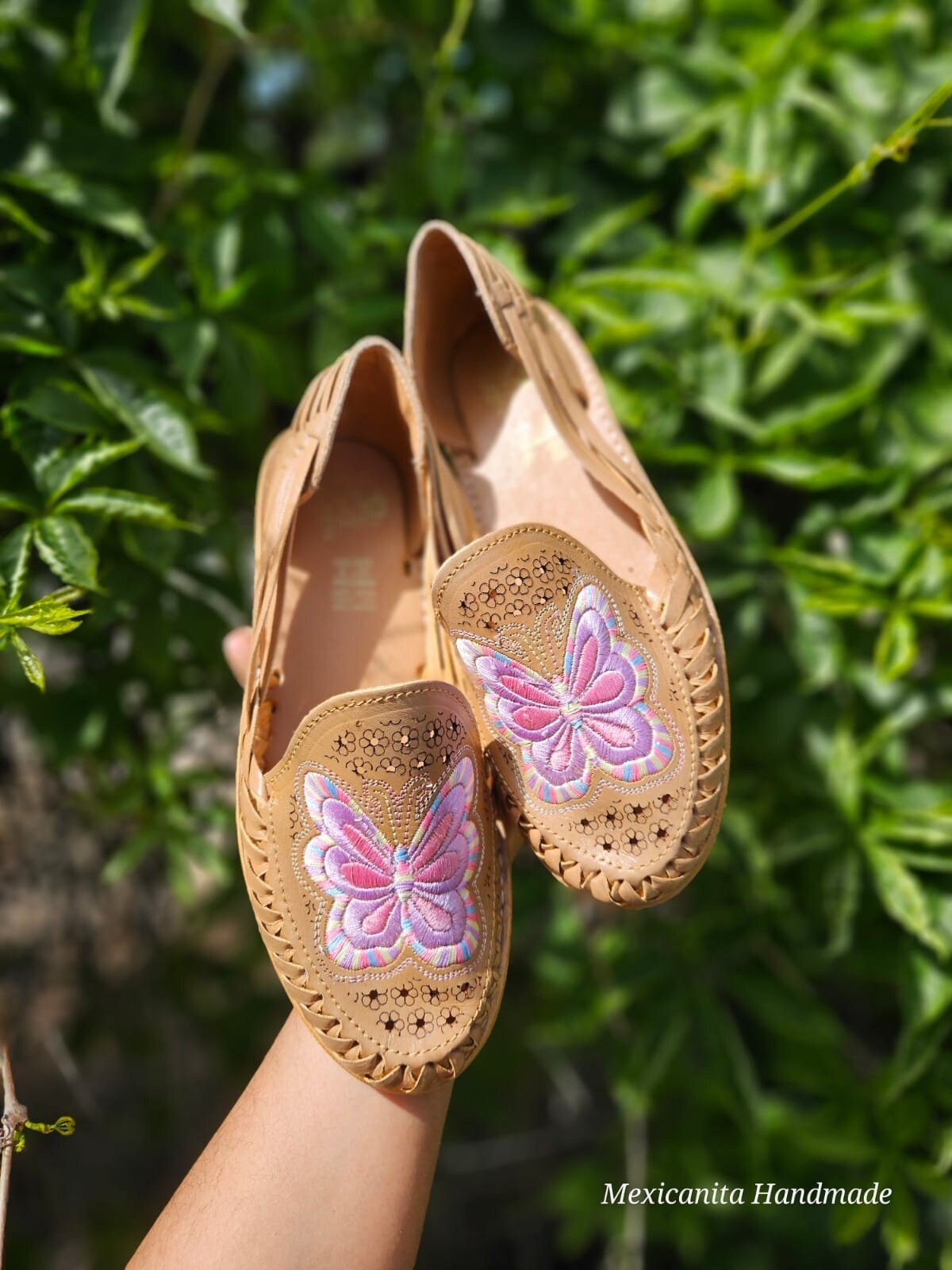 Pastel Butterfly Embroidered Huarache Sandals - Mexican Leather Shoes
