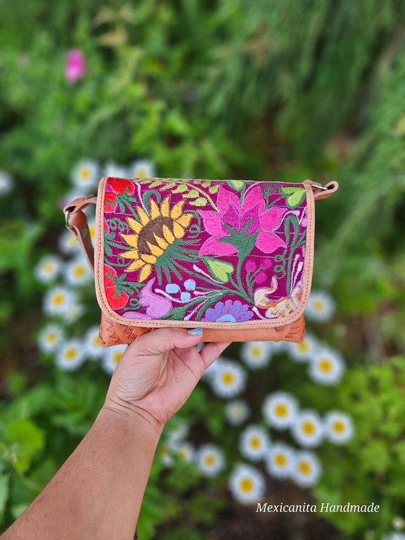 Leather Shoulder Bag with Embroidered Accent from Mexico - Bouquet of  Oaxaca | NOVICA