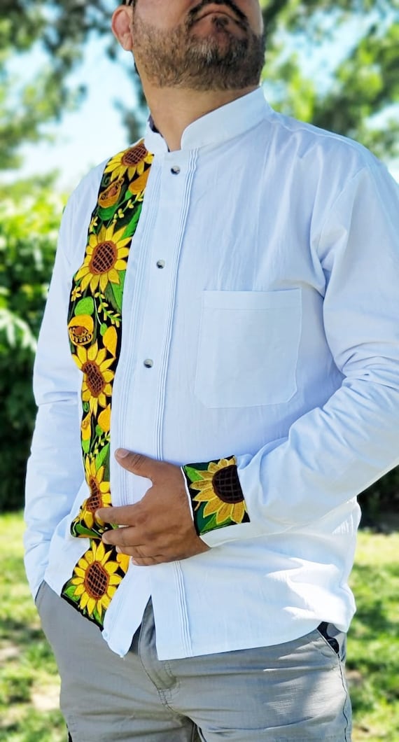 Guayabera manga larga girasol Guayabera mexicana Camisa de vestir para hombre Camisa mexicana Guayabera mexicana Regalo para el Camisa de boda Etsy Mexico