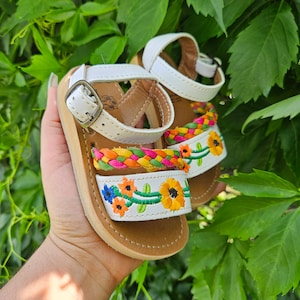 White Leather Baby Huarache Sandals: Embroidered Floral Design