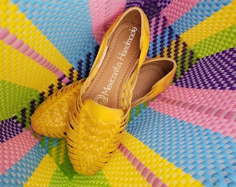 Yellow Leather Huarache Sandals: Mexican Closed Toe Flats