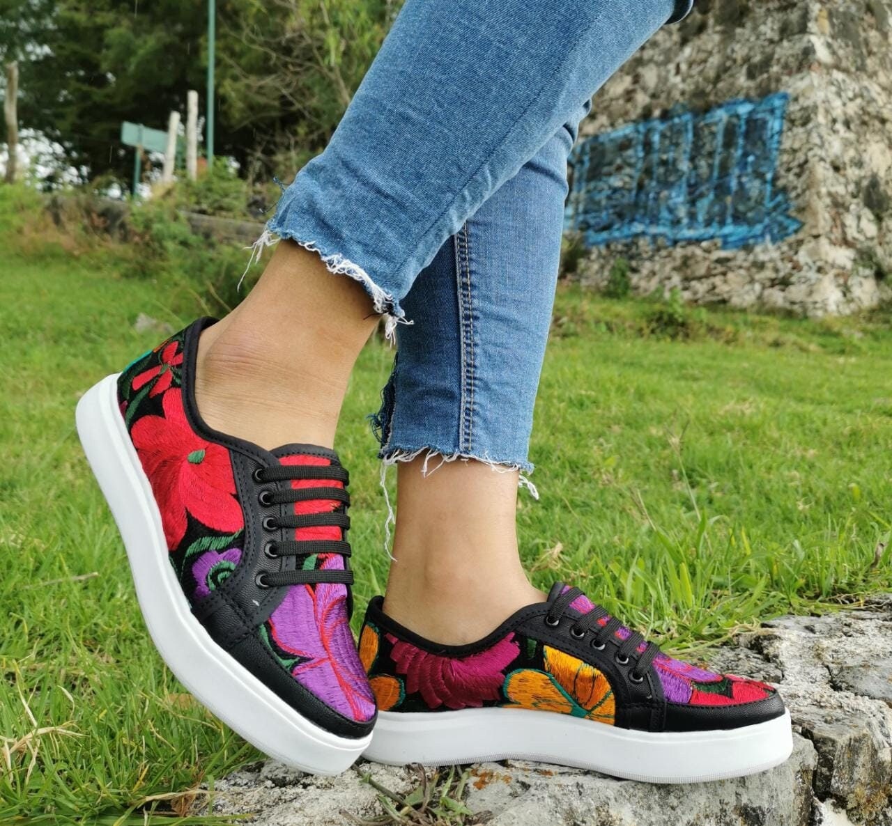 Womens Fashion Sneakers Embroidery Floral Sheer  