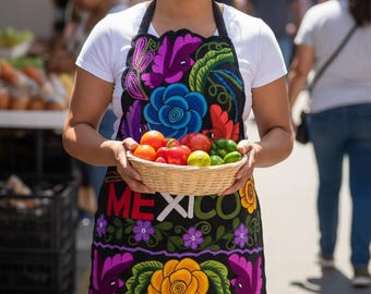 Mexican Embroidered Floral Apron with Pockets