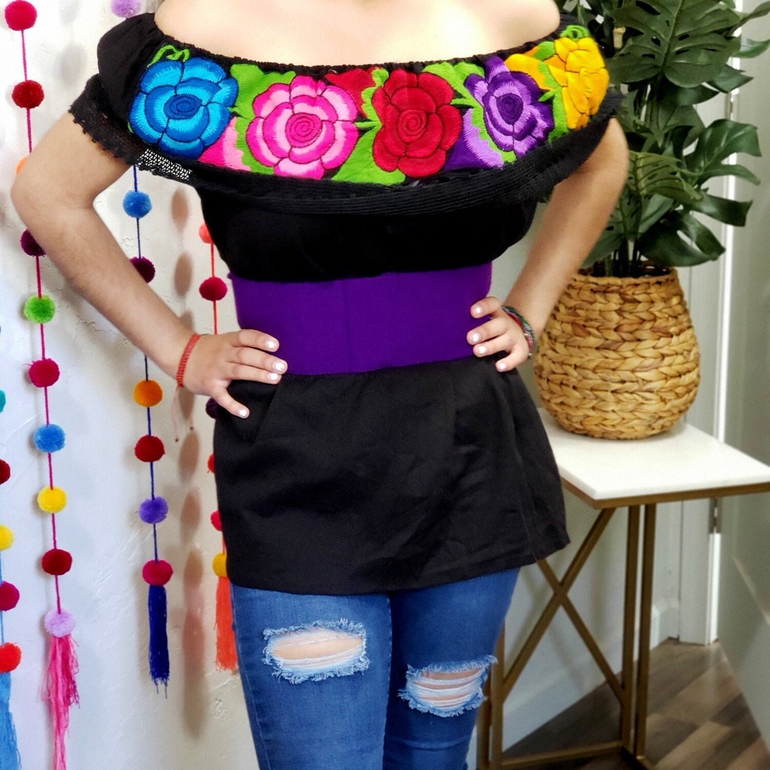 Blusa mexicana hombros descubiertos Top mexicano Blusa mexicana para mujer Top negro Top mexicano hombros descubiertos Top elastico Blusa floreada Etsy Espana
