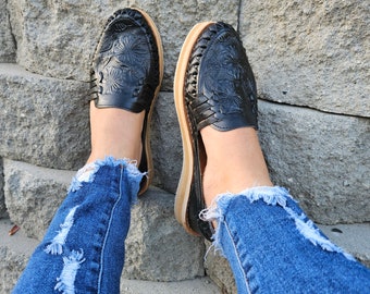 Handmade Black Leather Huarache Sandals: Women's Mexican Summer Shoes
