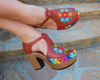 Floral Embroidered Leather Huarache Wedges - Mexican Sandals, final sale