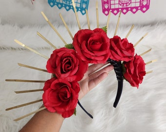 YHDDYG Bundle Giorno Dei Morti - Corona Floreale Rosa E Scialle Quadrato Messicano Ricamato - Accessori Per Festa Cinco De Mayo E Halloween