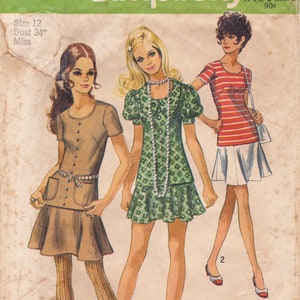Simplicity 8780 Vintage Sewing Pattern, Misses&#39; Dress Two-Piece Dress in Two Lengths with Sleeve Interest Sewing Pattern, Size 12, ©1970