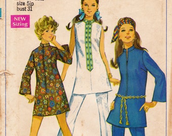 Simplicity 8053 Vintage Sewing Pattern, Junior Petites Guru Mini-Dress or Tunic and Pants Sewing Pattern, Size 5jp ©1968