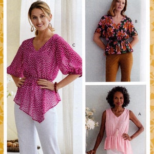 May include: Three different sewing patterns for tops, labeled A, B, and C. The patterns are for sizes XS-S-M-L-XL-XXL. The tops are all different styles, with one being a sleeveless top, one being a short-sleeved top with a floral print, and one being a long-sleeved top with polka dots.