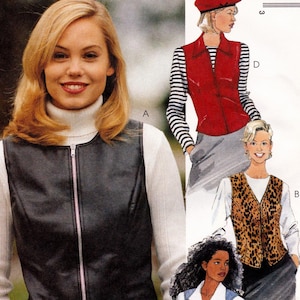 May include: A woman wearing a black leather vest with a silver zipper over a white turtleneck. The image also shows three other vest designs: a red vest, a leopard print vest, and a blue quilted vest.