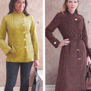 May include: Two women's coats, one in a bright yellow color and the other in a dark brown color. Both coats have a mandarin collar and gold buttons.