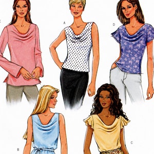 May include: Illustration of five different cowl neck tops. The tops are in various colors and patterns, including a pink long-sleeve top, a white polka dot sleeveless top, a blue floral print top, a light blue sleeveless top, and a yellow top with ruffled sleeves.