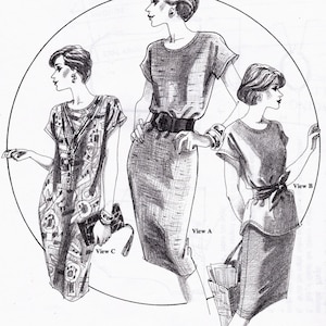May include: Line drawing illustration of three women wearing different styles of dresses. The woman on the left is wearing a patterned dress with a belt. The woman in the center is wearing a dress with a belt and a short-sleeved top. The woman on the right is wearing a dress with a bow at the waist and a short-sleeved top. The illustration is labeled "View C", "View A", and "View B".