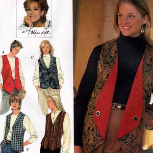 May include: A sewing pattern featuring five different vest designs. The vests are shown on five different models. The pattern is designed by "Kathi Lee".