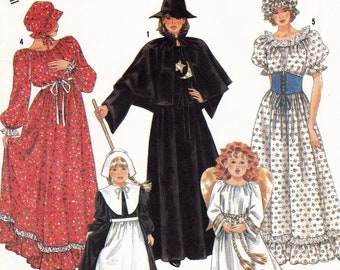 Simplicity 9809 Sewing Pattern, Misses' Costumes ~ Witch, Prairie Dress, Angel, Pilgrim Sewing Pattern, Size P-L, ©1990, UNCUT
