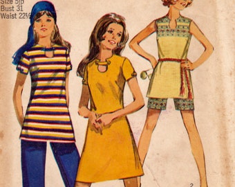 Simplicity 8851 Vintage Sewing Pattern, Junior Petites Pants, Shorts, Dress & Tunic Sewing Pattern Size 5jp ©1970, UNCUT