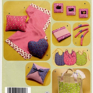 May include: Simplicity Home Decorating pattern number 4642, Baby Gifts.  The pattern includes instructions for making a diaper bag, changing pad, bibs, pillows, a padded hanger, and a blanket. The pattern is illustrated with photos of the finished projects. The photos are arranged in a grid pattern. The photos are in various colors, including pink, green, blue, and yellow. The photos are on a yellow background. The text on the pattern reads 