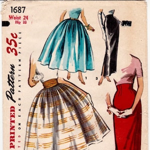 Simplicity 1687 Vintage Sewing Pattern, Misses' Set of Skirts in Two Lengths 'Simple To Make' Pattern, Waist Size 24 (8), ©1956